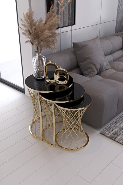 Nies Aksesuar Hasır Telli Zigon Sehpa Gold Kaplama Siyah Cam