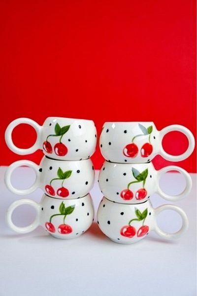 İlbay Çini Takı Ceramic Hand Embroidered Mug Set of 6 Ece Cherry Cups