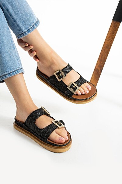 FOLLİNİ Μαύρες γυναικείες παντόφλες από γνήσιο δέρμα