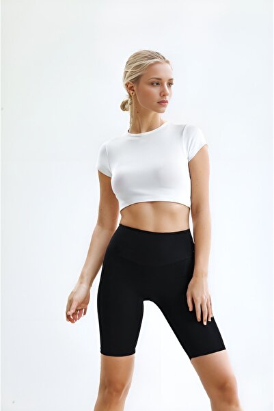 Bled Yüksek Bel , Toparlayıcı Premium Biker Kısa Yazlık Tayt Dalgıç Kumaş Siyah