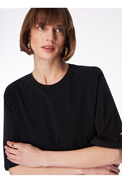 Fabrika Siyah Kadın Bisiklet Yaka Oversize T-Shirt DANTITA