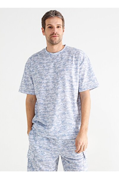 Fabrika O Yaka Baskılı Mavi Erkek T-shirt Verdas