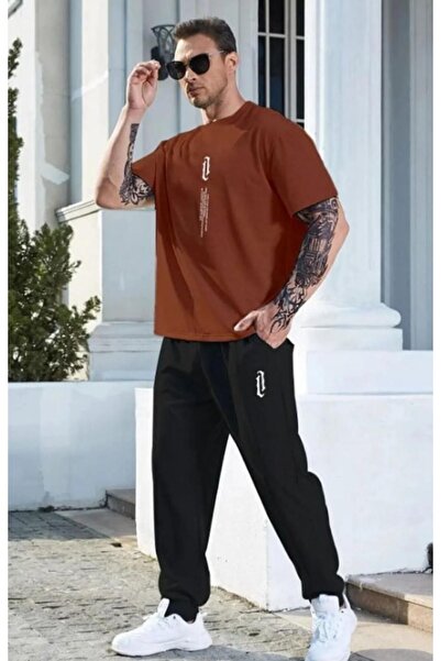 MEİLİFENG Ανδρικό σετ φόρμας σε καφέ χρώμα - T-shirt με κάθετο σχέδιο