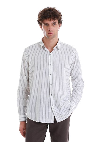 Hatemoğlu Gray Comfort Fit Striped Slim Collar Long Sleeve Linen Shirt