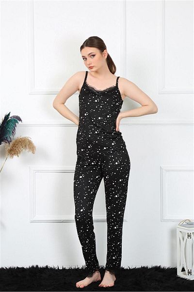 Akbeniz Costum de pijama neagră pentru femei Silks Fashion Line cu curea de frânghie 4137