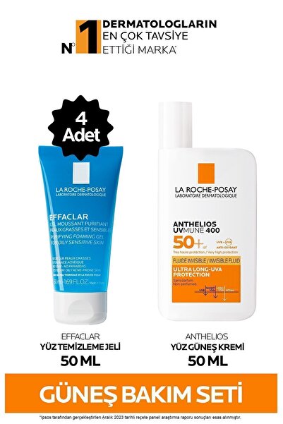 La Roche Posay Güneş Cilt Bakım Seti: Effaclar Yüz Temizleme Jeli x4 50ml & Anthelios SPF50+ Güneş Kremi 50ml