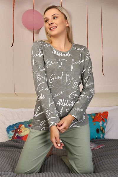 Akbeniz Set de pijamale cu mânecă lungă din bumbac pieptănat 4206