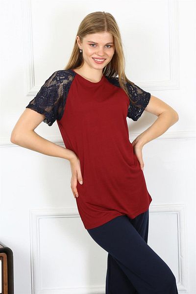 Akbeniz Set de pijamale din bumbac pieptănat cu mâneci din dantelă 4149