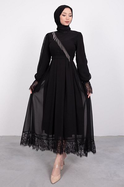 Lamia Giyim Cross Chain Detailed Asymmetrical Hijab Evening Dress Black