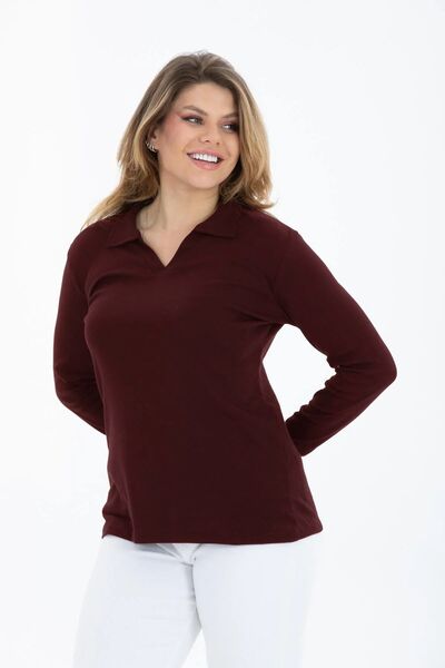 BANEGA Curve Plus Size Cotton Lycra V-λαιμόκοψη Βασική ίσια μακρυμάνικη μπορντό μπλούζα
