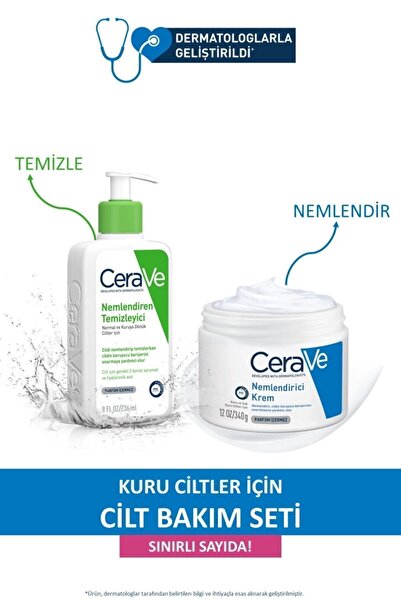CeraVe Kuru Ciltler Için Cilt Bakım Seti:Nemlendiren Temizleyici 236ML&Nemlen...
