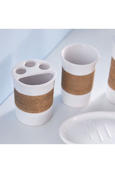 Home Box طقم حمام سيراميك مكون من 4 قطع مصنوع من خيوط الجوت