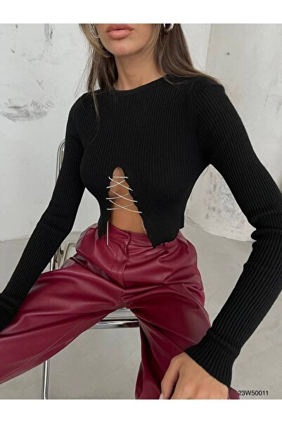 Butik Triko Yaka Taş Detay Uzun Kol Crop