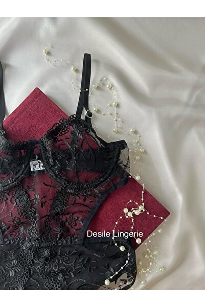 CES'Y LİNGERİE ZEN MODEL - Γυναικείο κορμάκι με δαντέλα μαύρο λουλούδι με σχέδιο Underwire Brode