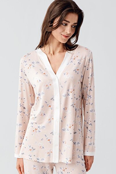Artış Uzun Kollu Çiçek Desenli Düğmeli Esnek Viskon Pijama Takım