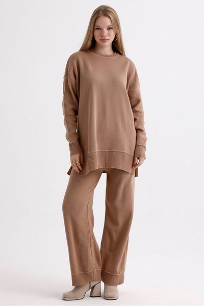 MD trend Women's Oversize Knitwear Set - Stripe Detailed Sweater and Slit Trousers