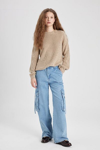 DeFacto Pulover de bază din tricot simplu din țesătură Thessaloniki cu gât crew H6905az24wn
