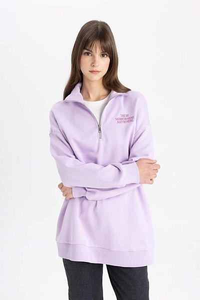 DeFacto Soft Furry Zippered Sweatshirt Tunic - Stand Collar, Printed C6010Ax24Sp