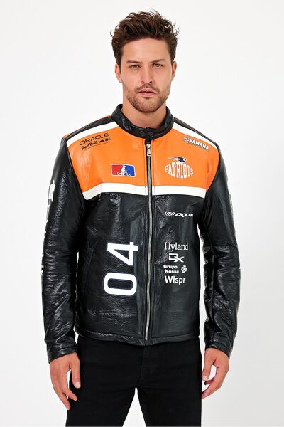 Black Level Чоловічий оверсайз шкіряний куртка-бомбер з принтом і блискавкою