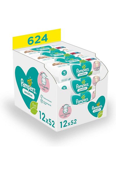 Pampers Sensitive Moisturized Wipes, Gentle Cleansing for Baby Skin, 12 x 52 Count