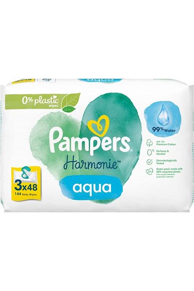 Pampers Harmonie Aqua Baby Wipes, 3 Packs, 144 Wipes, 99% Water for Gentle Skin Protection