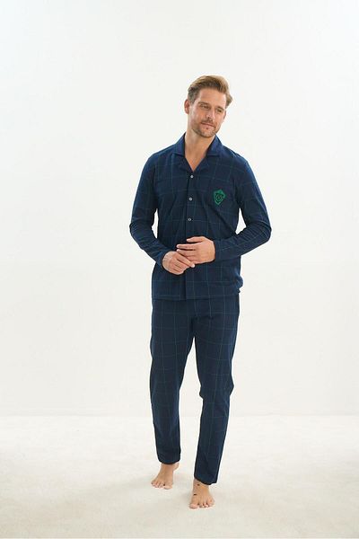 Sevim Σετ ανδρικές πιτζάμες Navy Blue - Μακρύ μανίκι, γιακάς πουκάμισου, μπροστινά κουμπιά C2T1N5O9