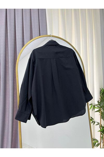 modabetce Shirt Black Oversize Balloon Sleeve Pleat Detailed Long Basic Women's Shirt