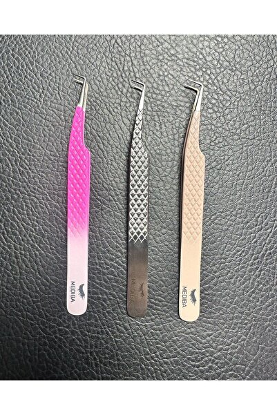 MEDIBA Ipek Kirpik Cımbızı 90 Derece Pudra Renk Mükemmel Tutuş Açık Pembe Fib...