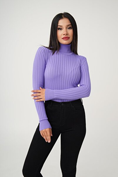 Hipo Trend Balıkçı Yaka Fitilli Esnek Lila Triko Kazak