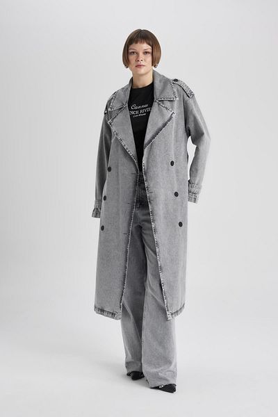 DeFacto Jeans Trench Coat with Croissant Neckline and Belt - Buttons Belt B7885Ax24Sp