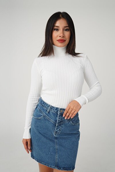 Hipo Trend Ελαστικό κοτλέ Λευκό Πλεκτό - Πουλόβερ με ζιβάγκο