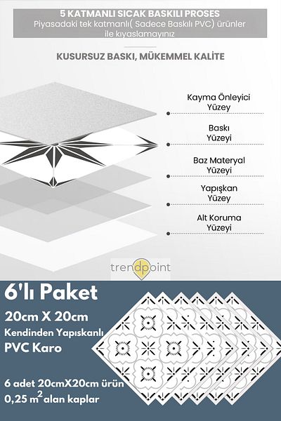 Trendpoint Self-Adhesive PVC Sticker 6 Pieces 20cm×20cm Kitchen Bathroom Wall Floor Covering