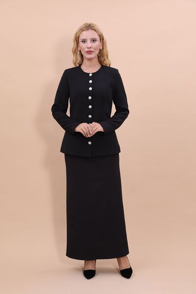 ÖNDER ÖZSOY Boydan Düğmeli Kemerli Ceket  & Uzun Kalem Etek Takım-Siyah