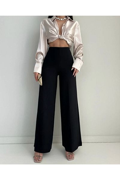 ŞULE BUTİK Wide Leg High Waist Full Lycra Crepe Fabric Relaxed Fit Trousers