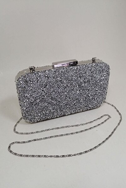 PARKTAN Yakamoz Kadın Gümüş Taşlı Abiye Clutch Portföy Çanta