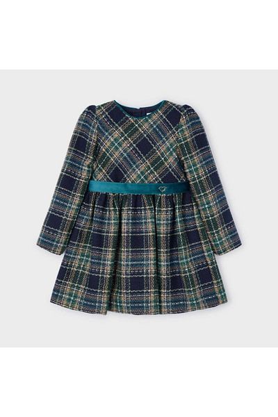 MAYORAL Navy Blue Green Girl's Dress - Plaid and Glitter Check L25K4911