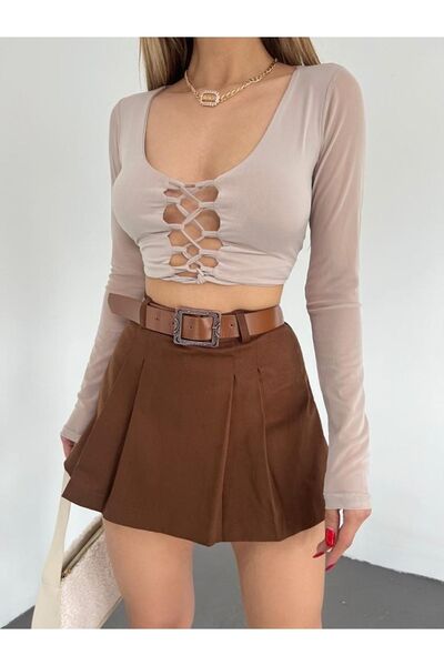 LB Laluna Butik Kadın Piliseli Kemerli Mini Şortlu Etek