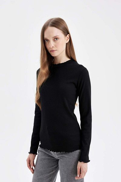 DeFacto Halber Rollkragen, geripptes Leibchen, einfaches, gerades, langärmliges schwarzes T-Shirt, Tunika B2389ax