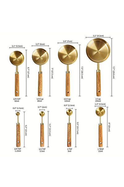 PITRAK Set of 8 - Gold Measuring Spoons with Wooden Handle