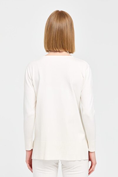 Desen Triko Ecru Women's Sweater - V-Neck, Slits on the Front and Back