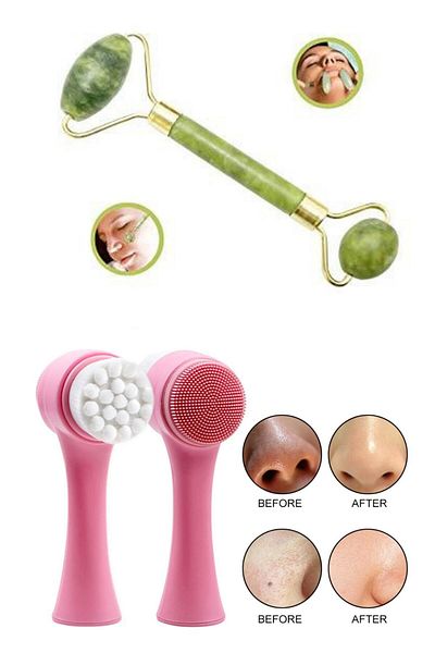 Yayke Double Sided Massage and Cleansing Tool with Natural Jade Stone - Pink Facial Skin