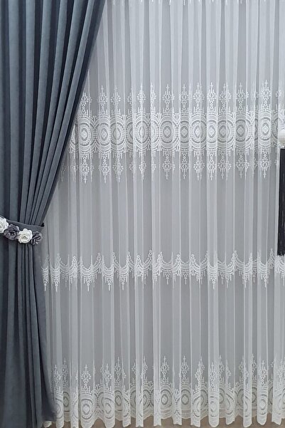 Emes Güzel 2 Desenli Salon Tülü, Göbek Nakışlı İşlemeli Avangart Damaks Tül P...