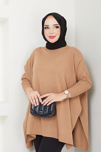 MODAMERSİ Hijab Knitwear Oversize Slit Women's Sweater - Biscuit