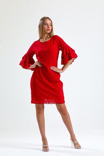 Sense Guipure Sleeves Flounce Dress| Elb31293 Red