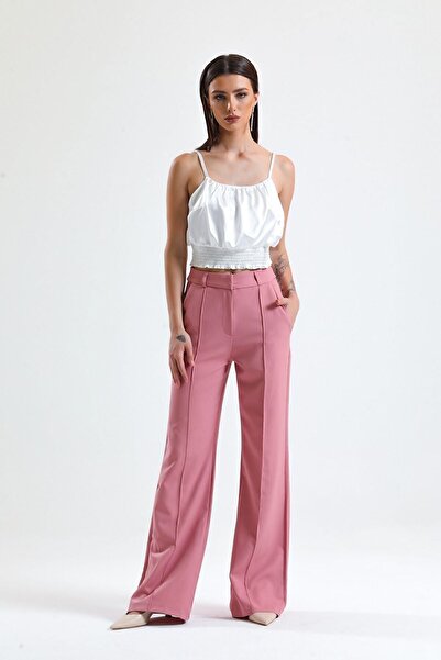 Sense Ornamental Stitched Hürrem Fabric Wide Leg Trousers| Pnt34239 Powder