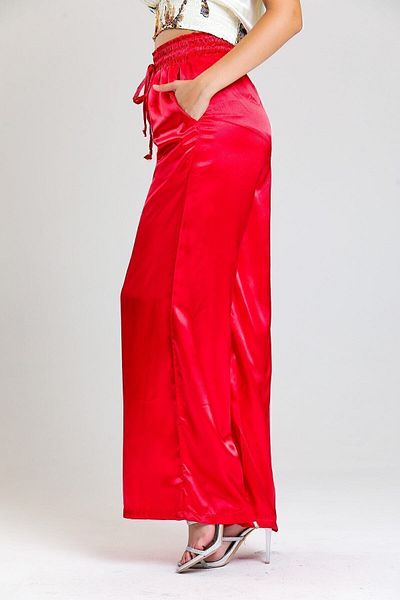 Sense Gipe Detailed Pocketed Wide Leg Satin Trousers| Pnt34217 Red
