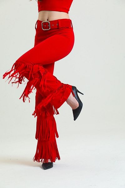 Sense Scuba Crepe Trousers with Belted Legs and Tassels| Pnt33396 Red