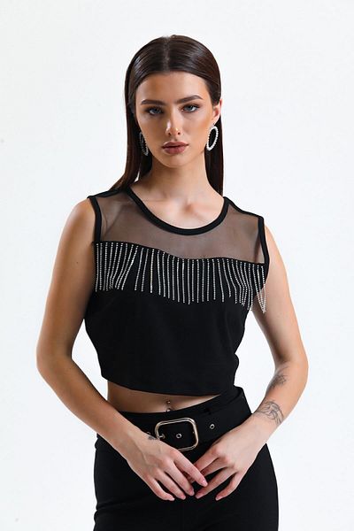 Sense Stone Detailed Evening Dress Blouse| Blz34565 Black