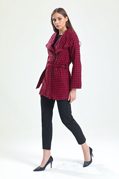 Sense Wide Collar Front Zippered Belted Coat| Kbn32352 Navy Red