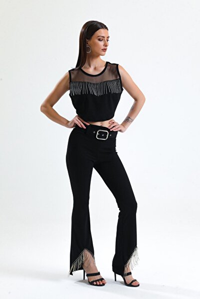 Sense Stone Detailed Evening Dress Blouse| Blz34565 Black